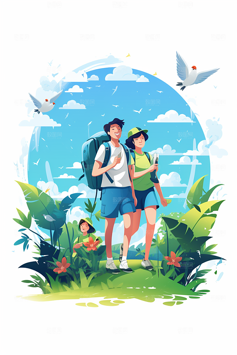 学生放暑假旅游快乐插画