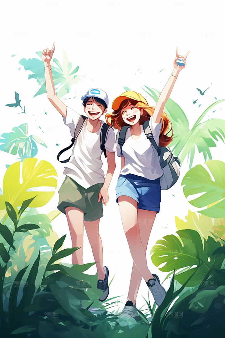 学生放暑假漫画风毕业旅游插画