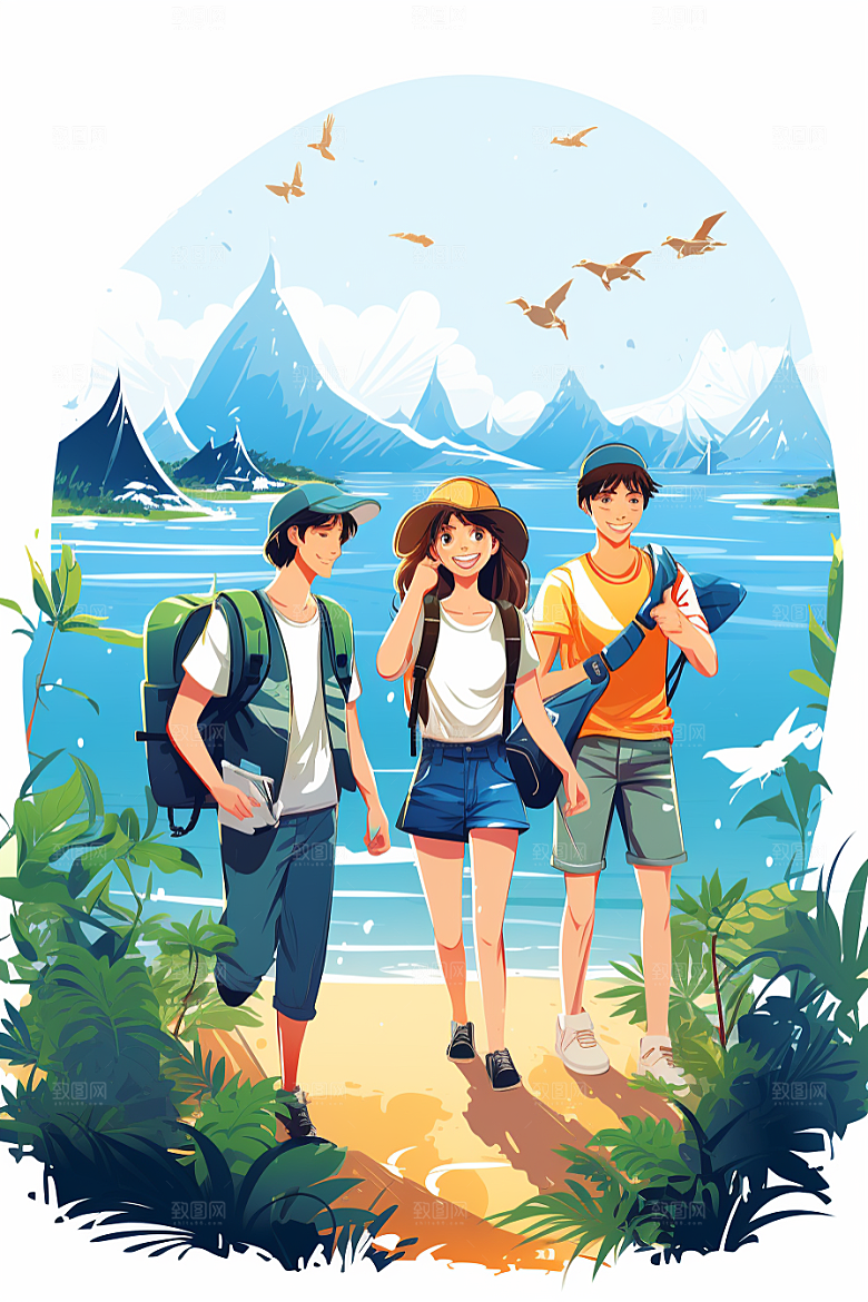 学生放暑假旅游快乐插画