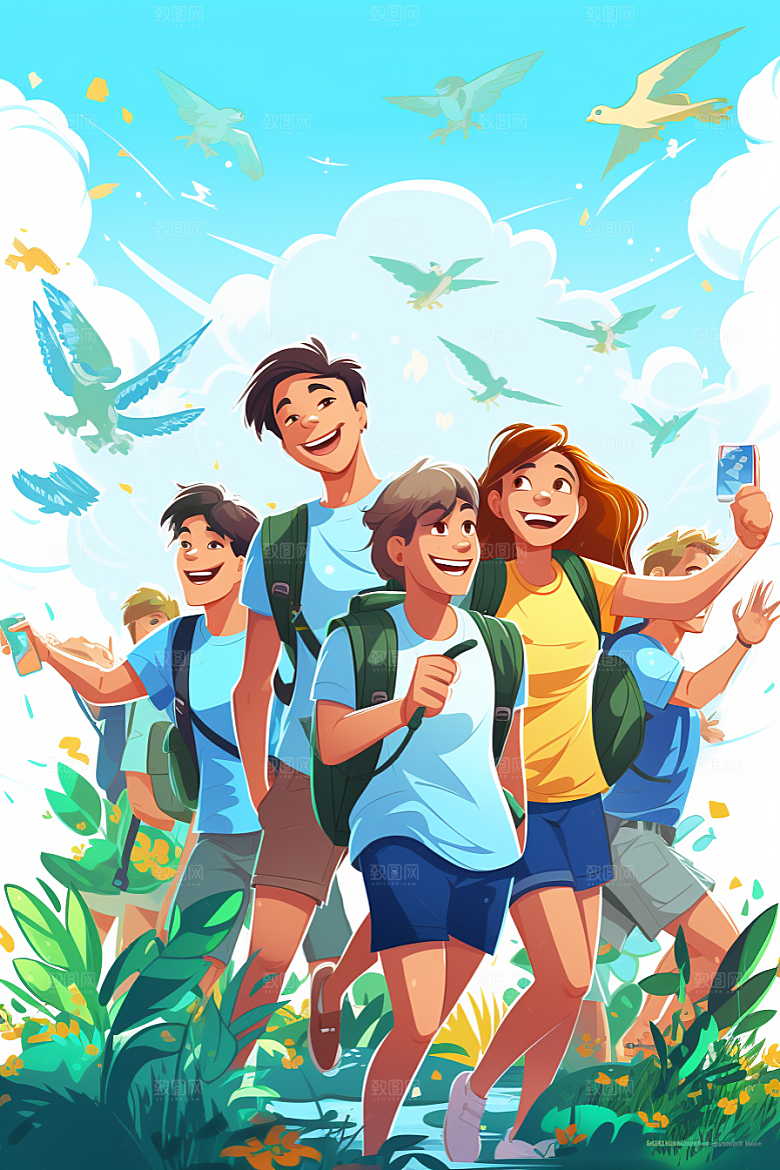 学生放暑假结业毕业旅游插画