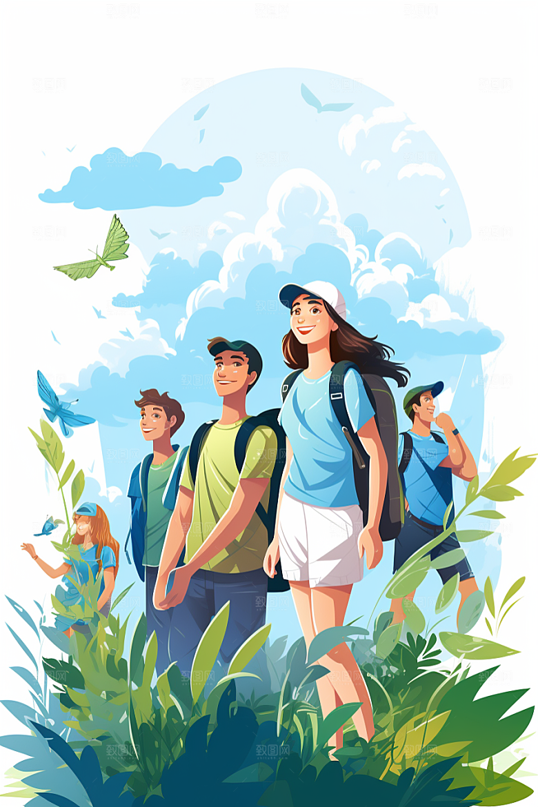 学生放暑假毕业旅游手绘插画
