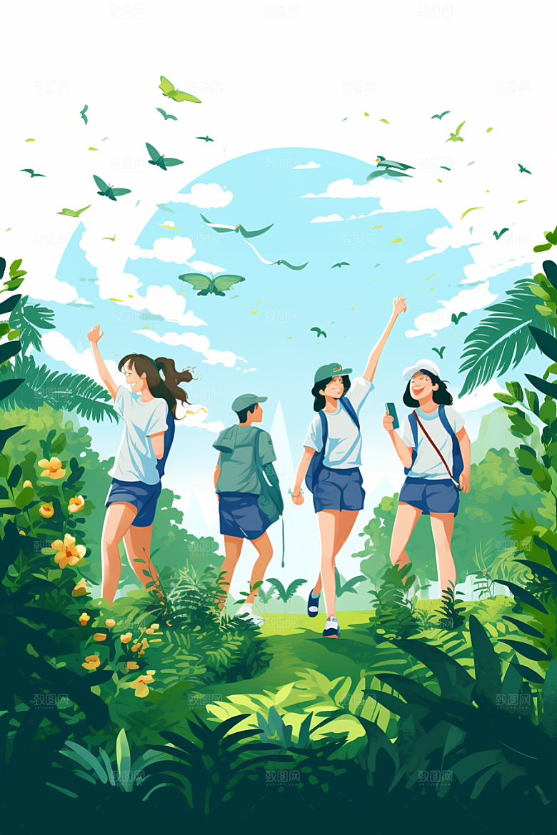 学生放暑假出游手绘插画