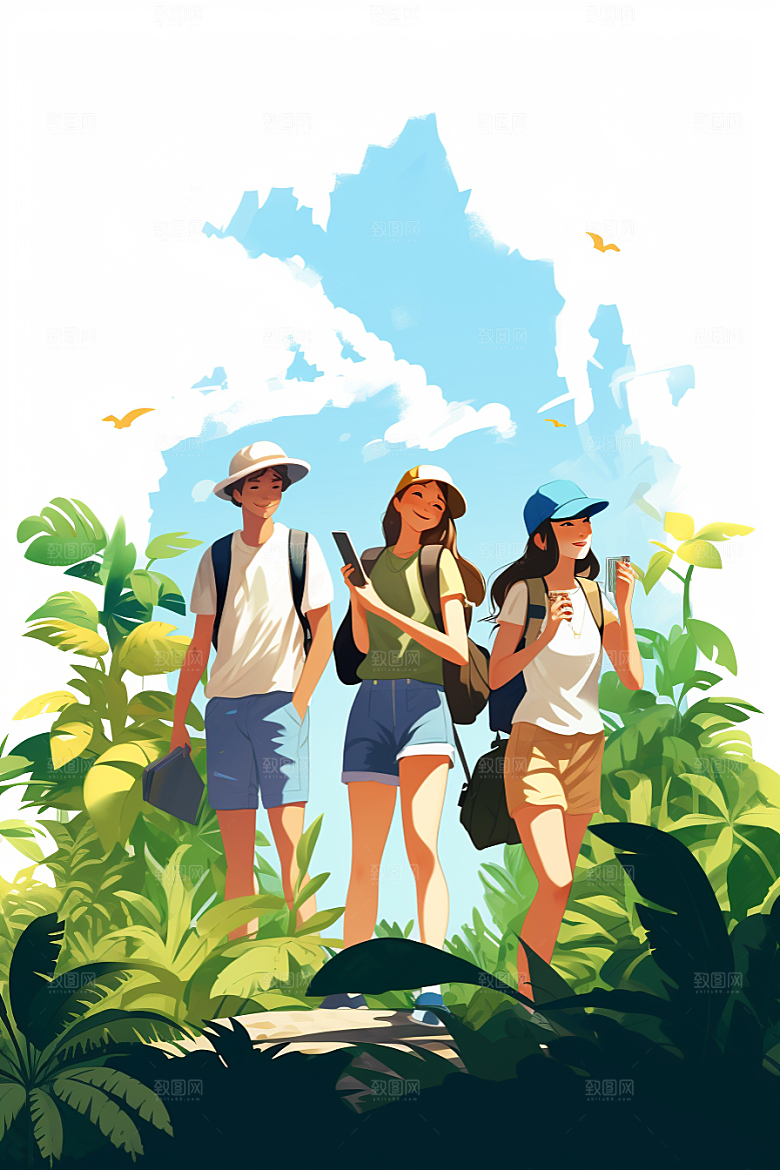 学生放暑假夏天出游插画