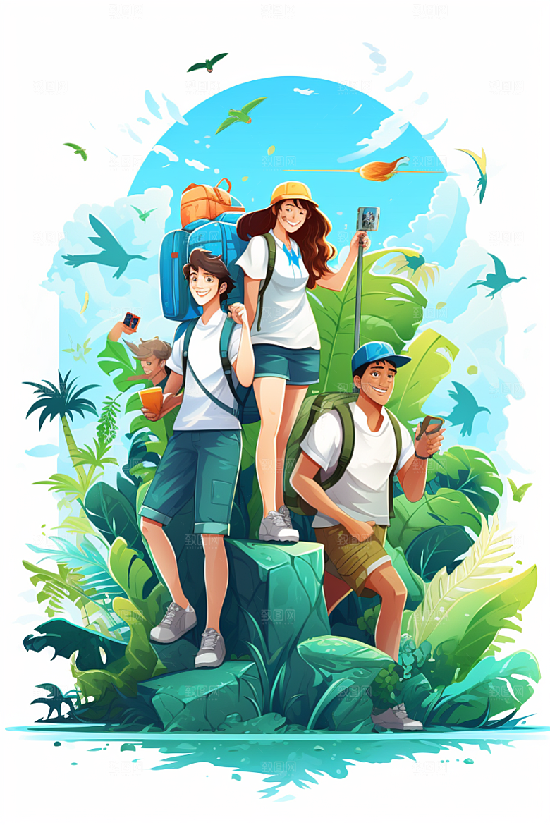学生放暑假夏季毕业旅游插画
