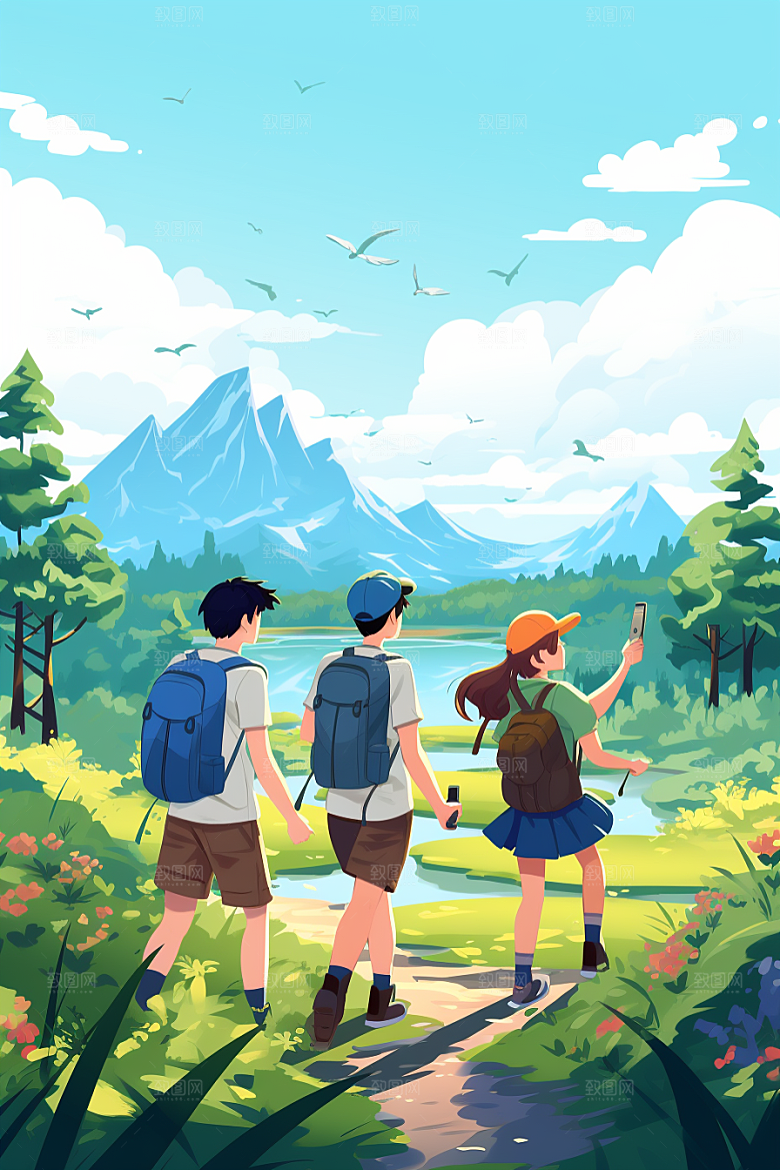 学生放暑假夏季结伴插画