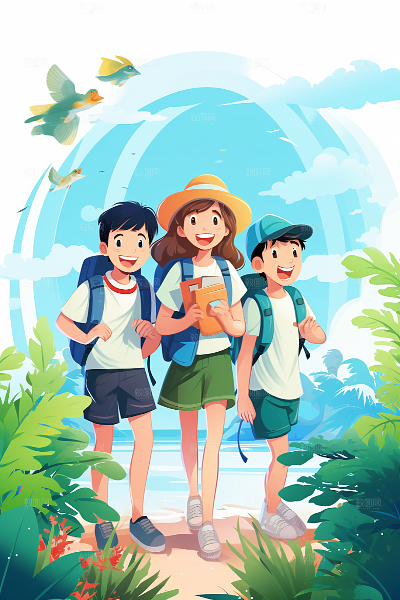 学生放暑假结伴放假了插画