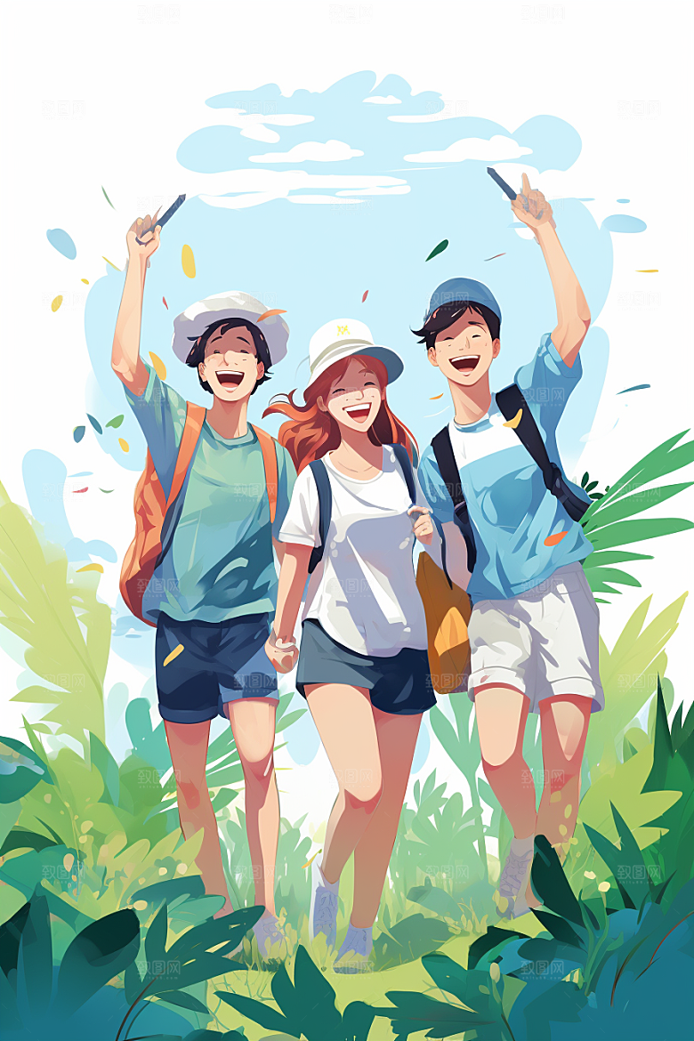 学生放暑假毕业旅游快乐插画