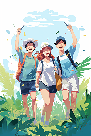 学生放暑假毕业旅游快乐插画