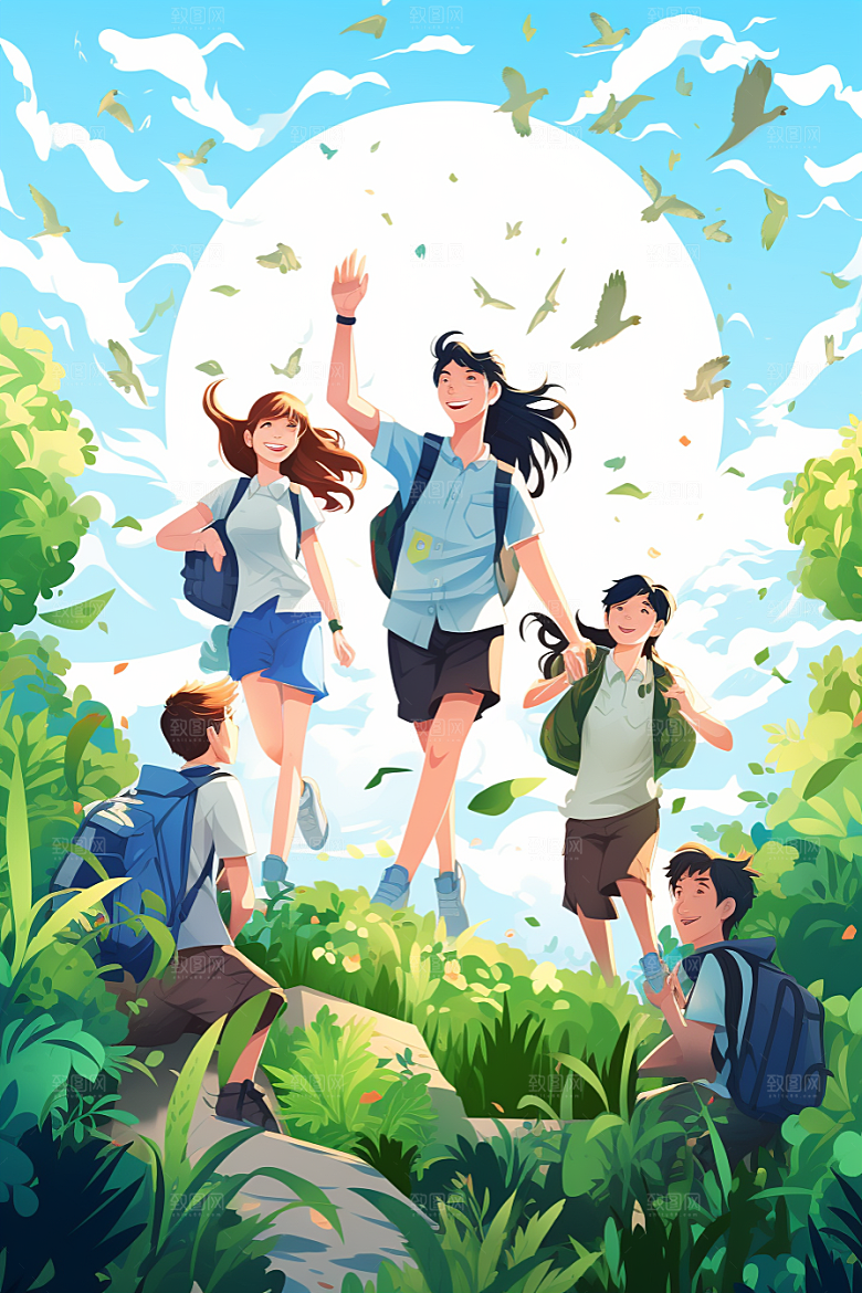 学生放暑假快乐毕业旅游插画