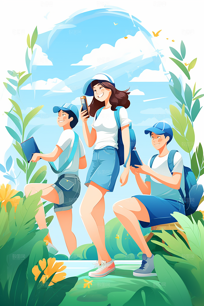 学生放暑假旅游夏季插画