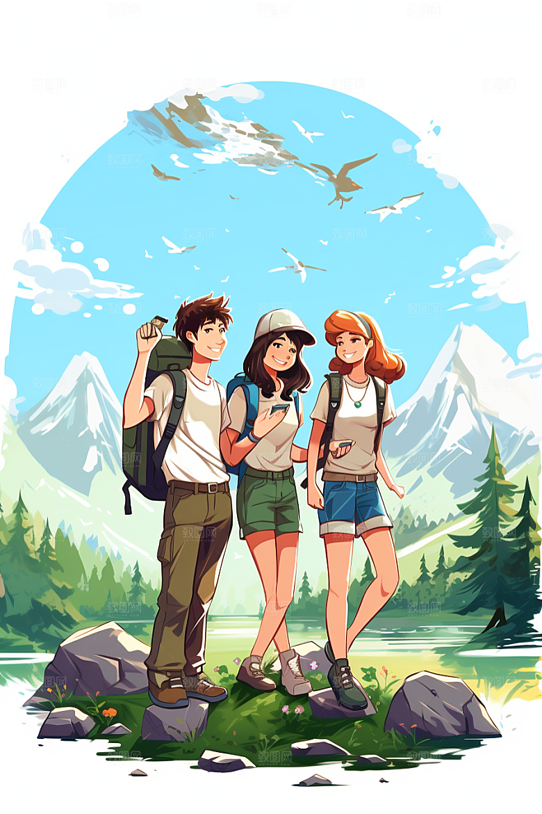 学生放暑假结伴夏天插画
