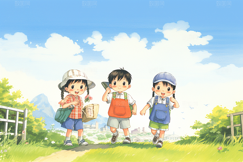 学生放暑假夏季结伴插画
