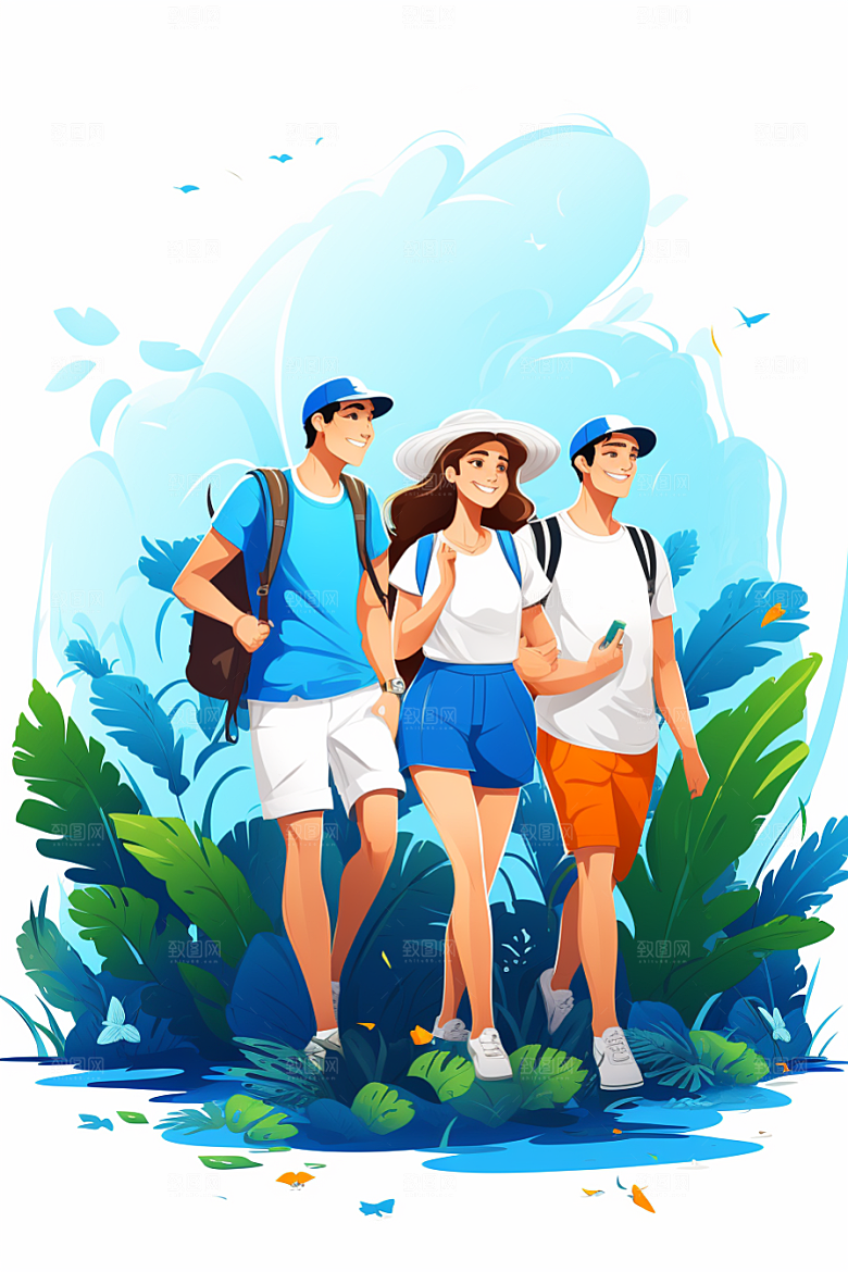 学生放暑假结伴毕业旅游插画