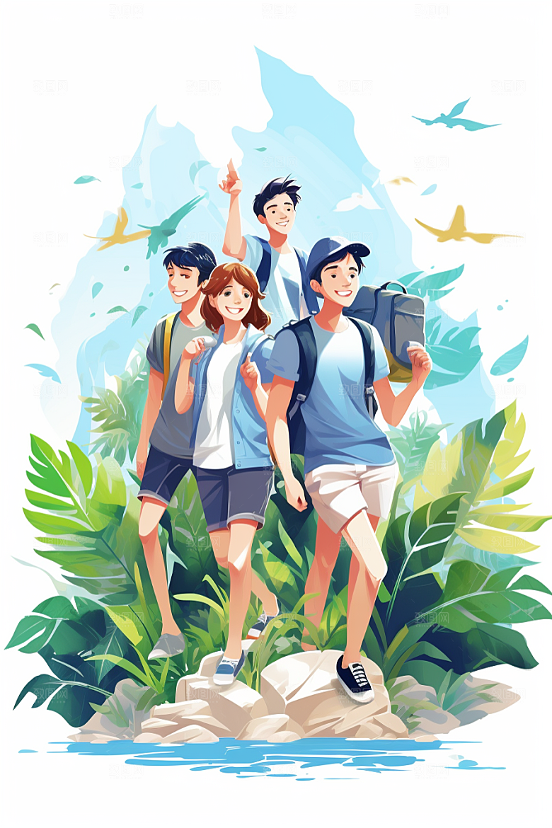 学生放暑假放假了旅游插画