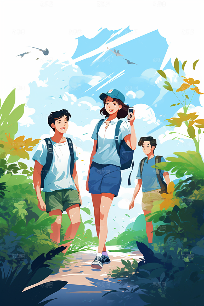 学生放暑假毕业旅游放假了插画