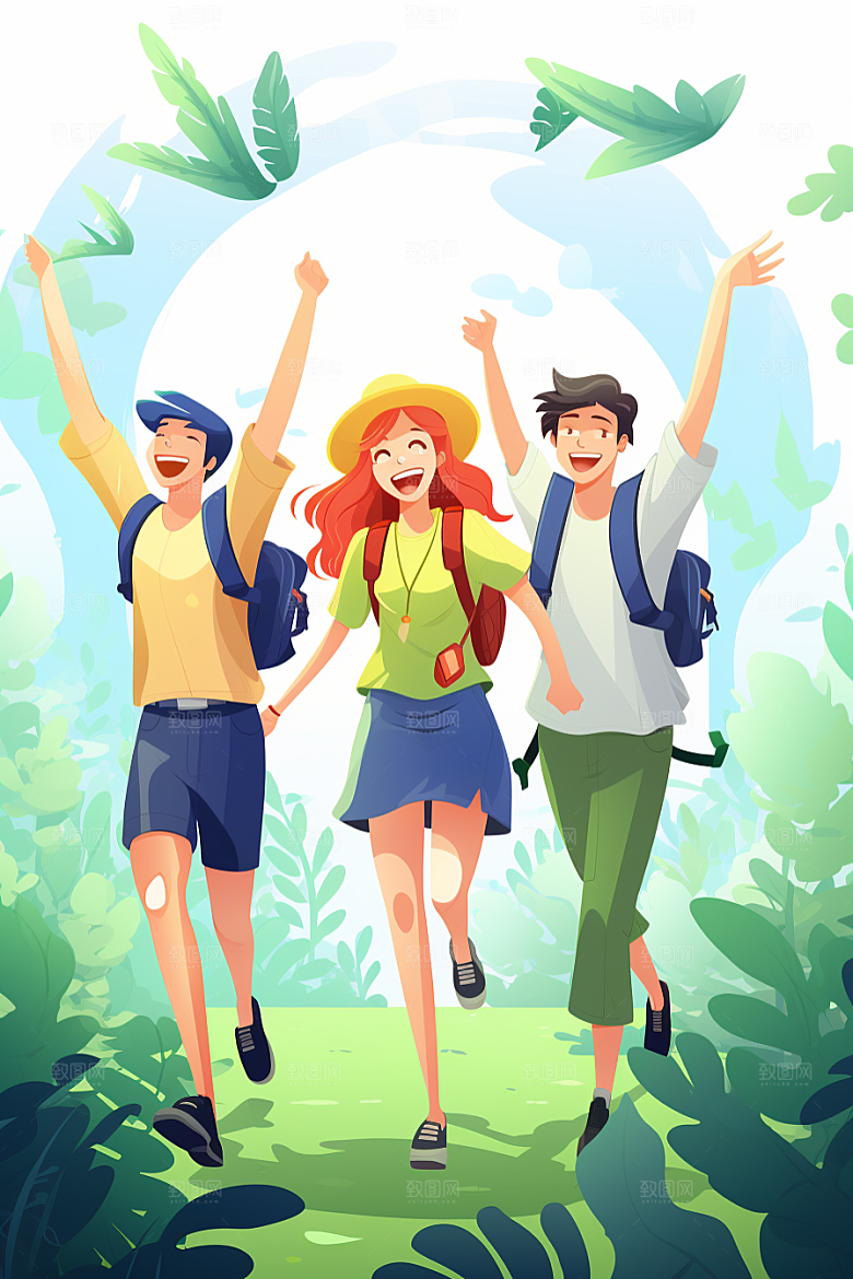 学生放暑假出游手绘插画
