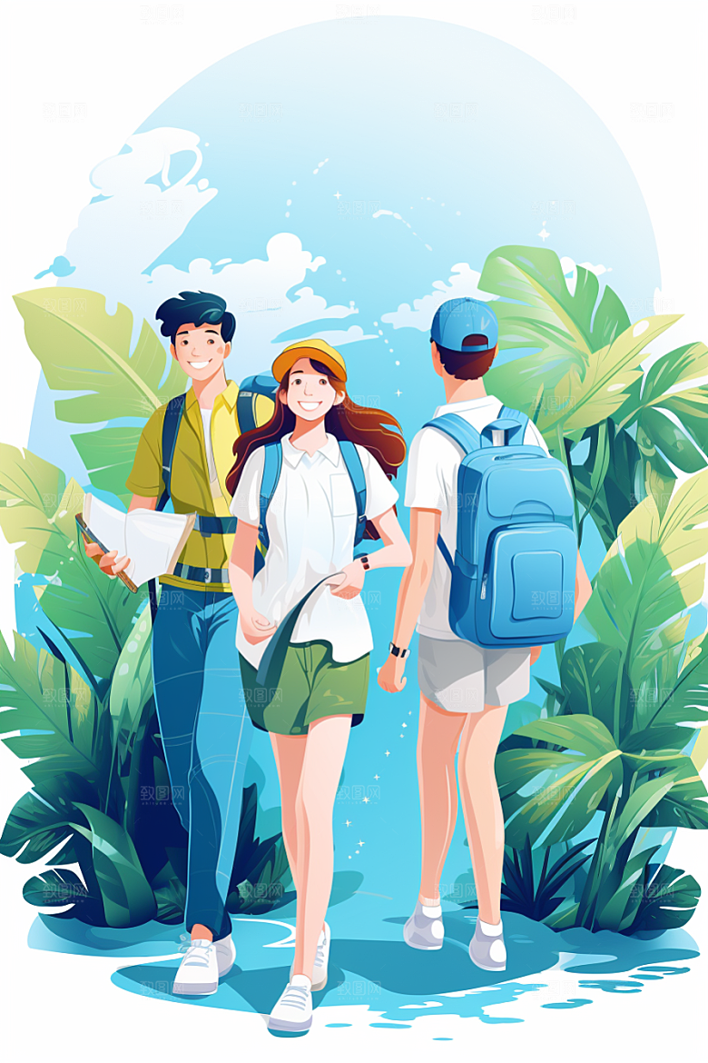 学生放暑假结业结伴插画