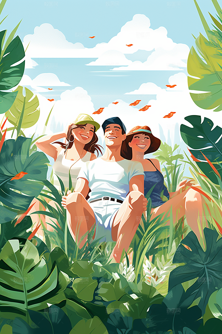 学生放暑假手绘旅游插画