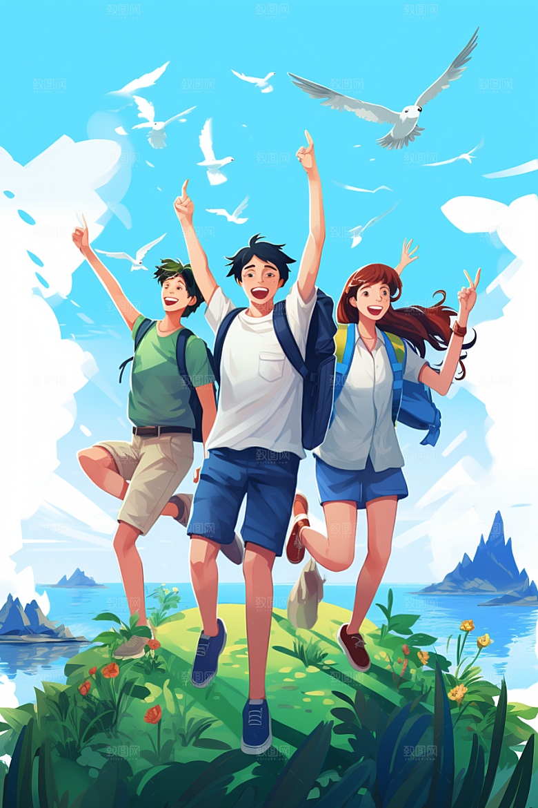 学生放暑假结业快乐插画