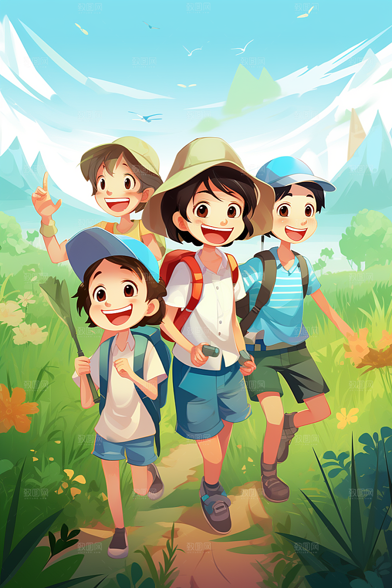学生放暑假结伴毕业旅游插画