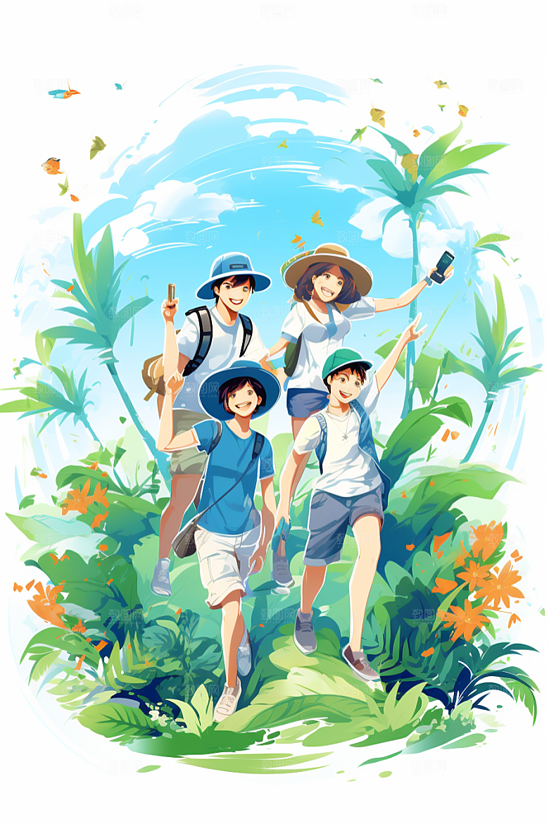 学生放暑假夏季毕业旅游插画
