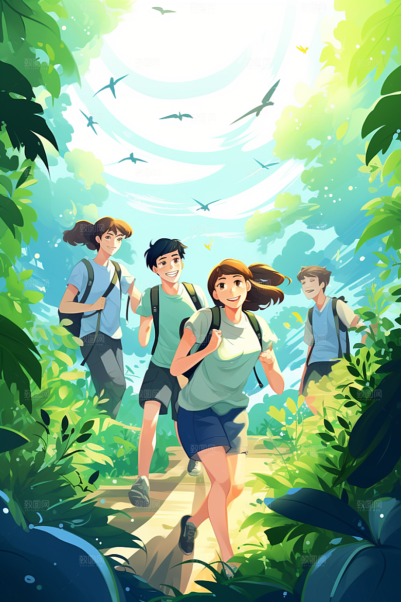 学生放暑假手绘出游插画