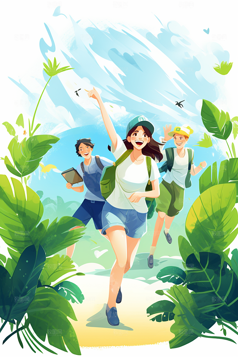 学生放暑假放假了结业插画