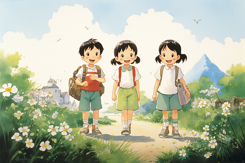 学生放暑假漫画风夏天插画