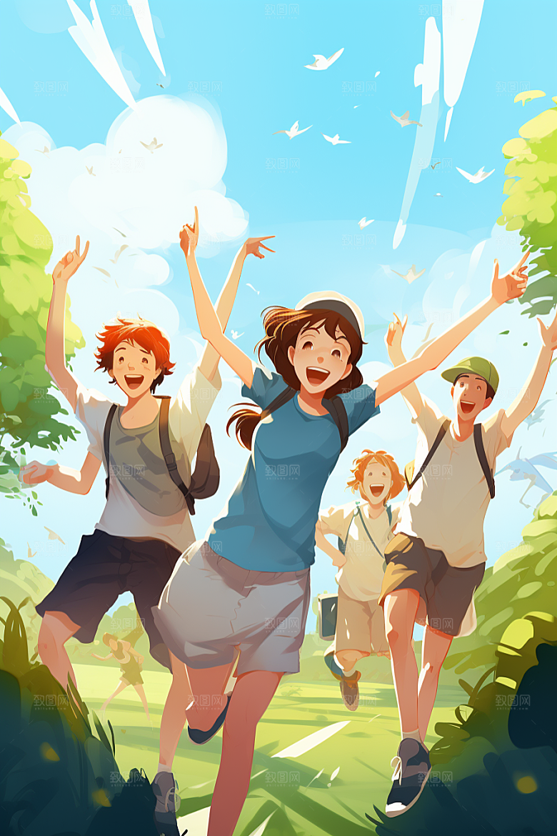 学生放暑假出游快乐插画