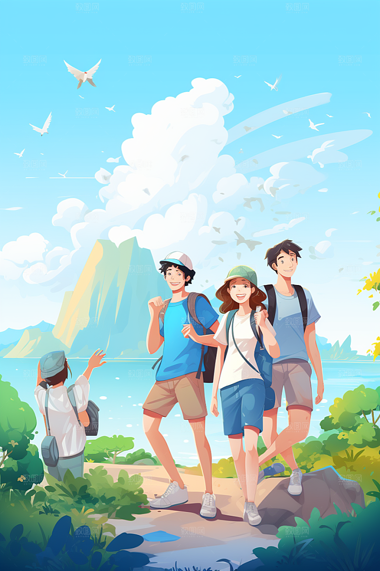 学生放暑假夏季毕业旅游插画