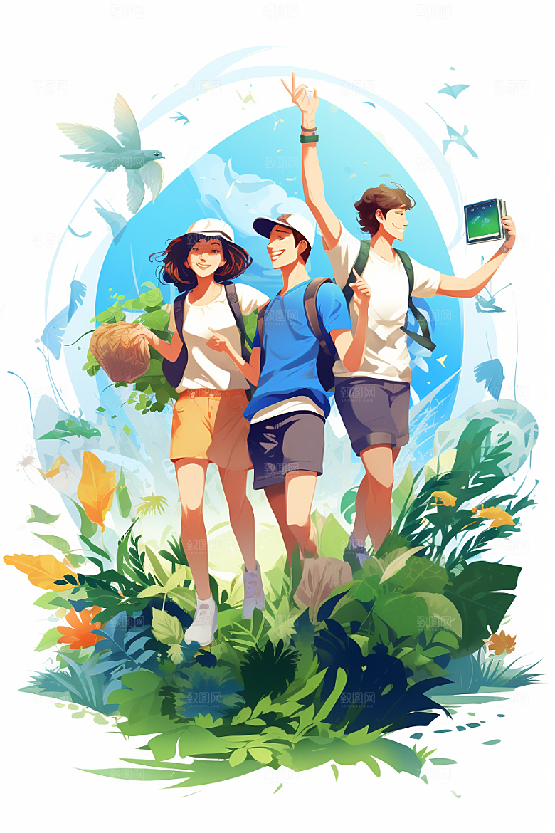 学生放暑假结业漫画风插画