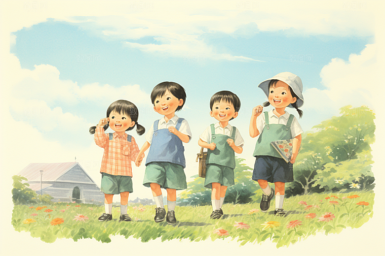 学生放暑假出游夏天插画