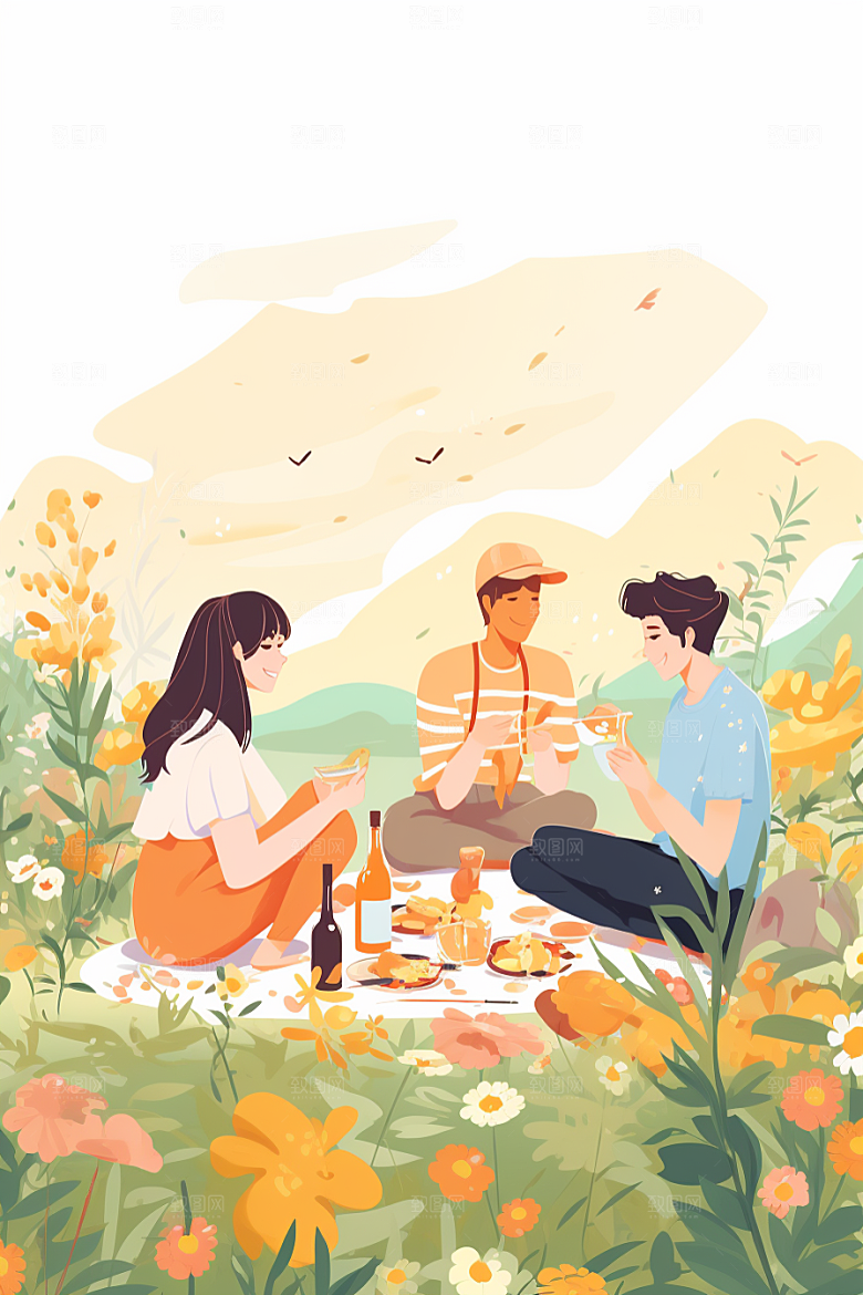 学生放暑假夏季结伴插画