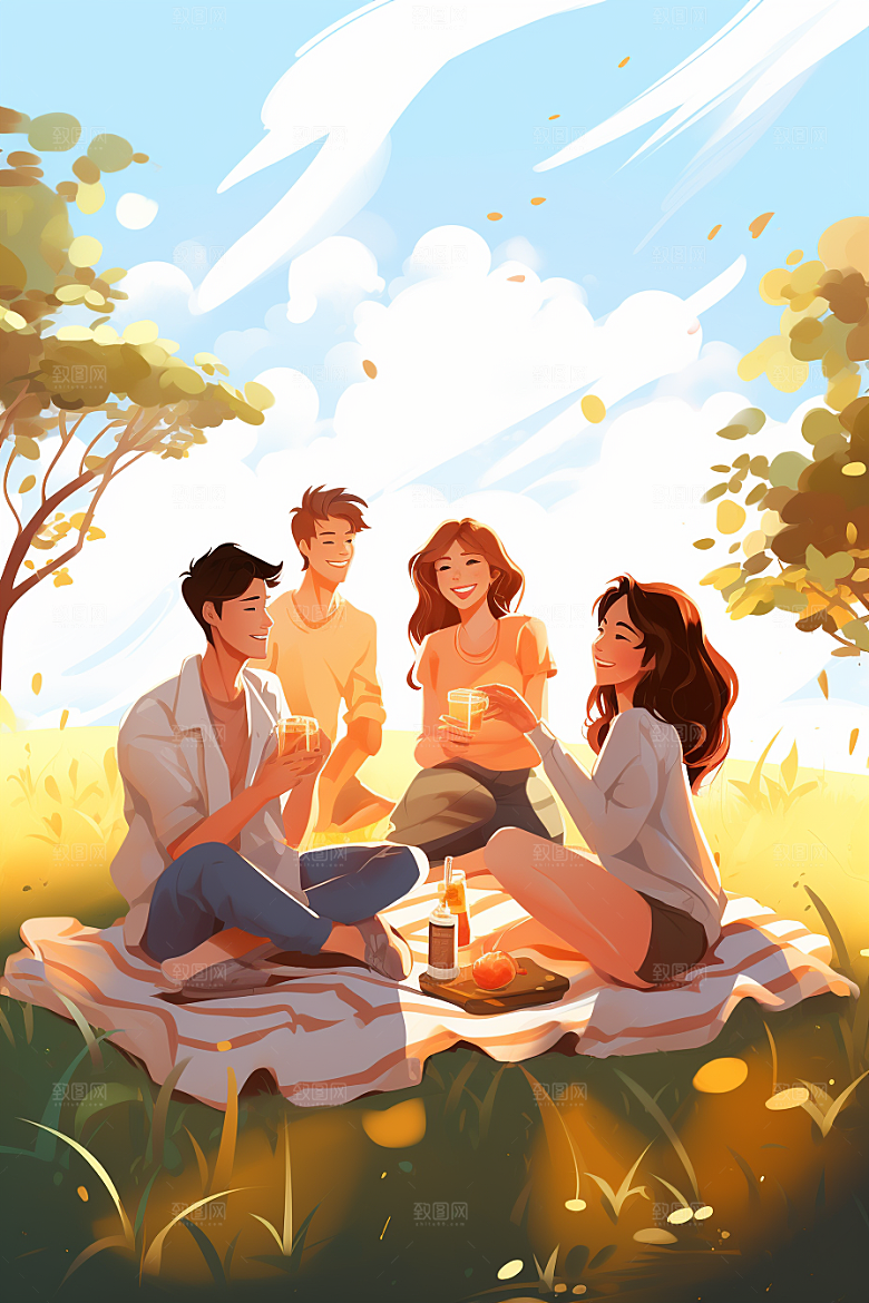 学生放暑假出游结业插画