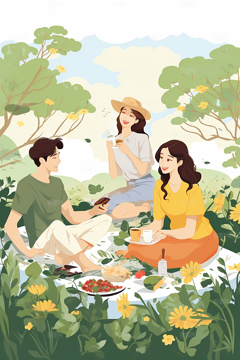 学生放暑假放假了漫画风插画