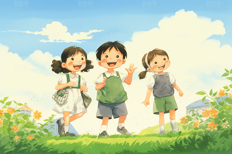 学生放暑假旅游放假了插画
