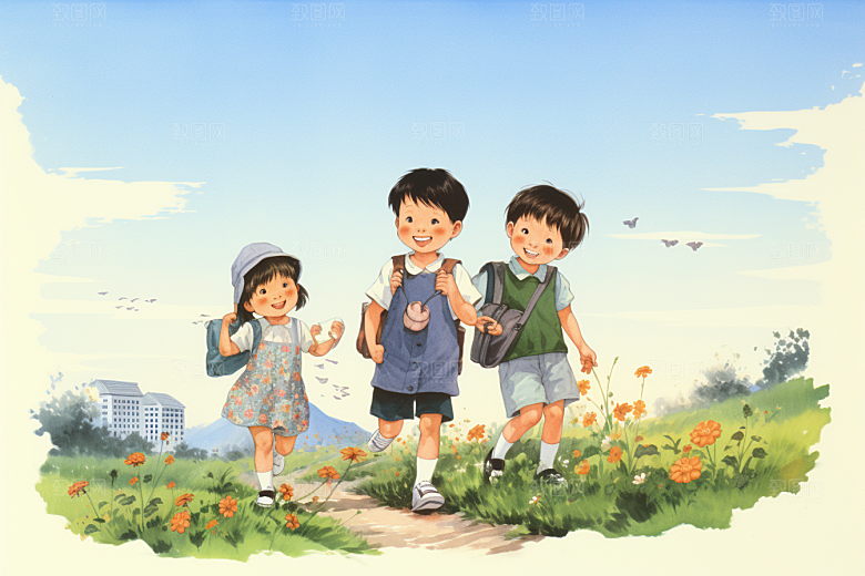 学生放暑假旅游快乐插画