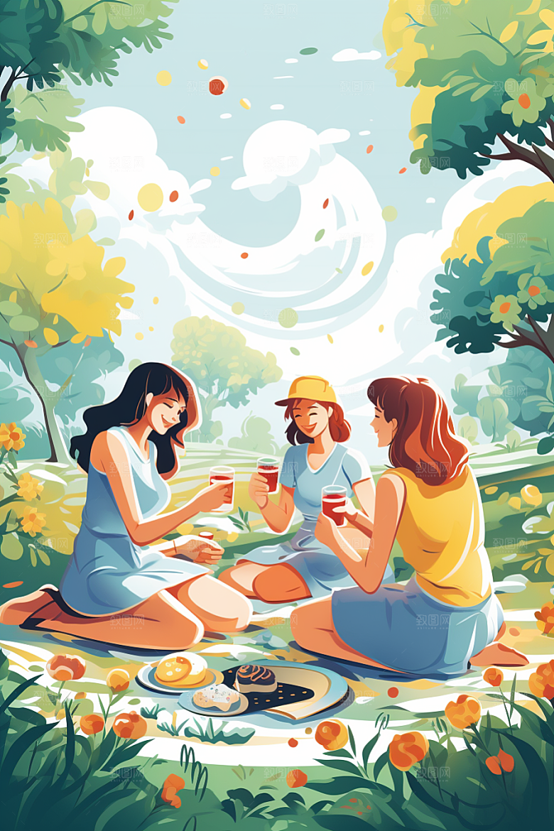 学生放暑假夏天毕业旅游插画