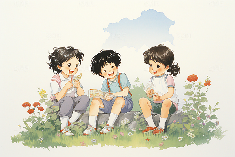 学生放暑假结业旅游插画