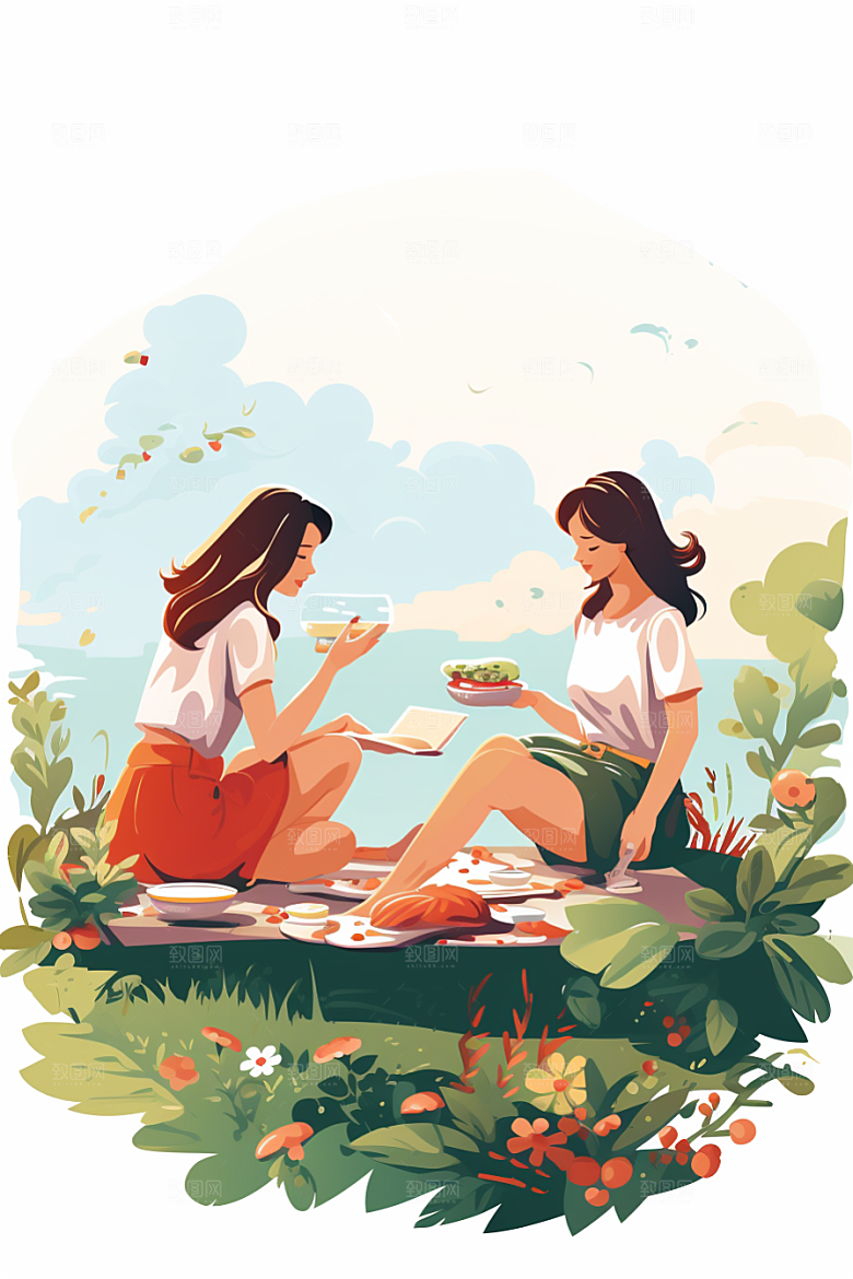 学生放暑假夏季结伴插画