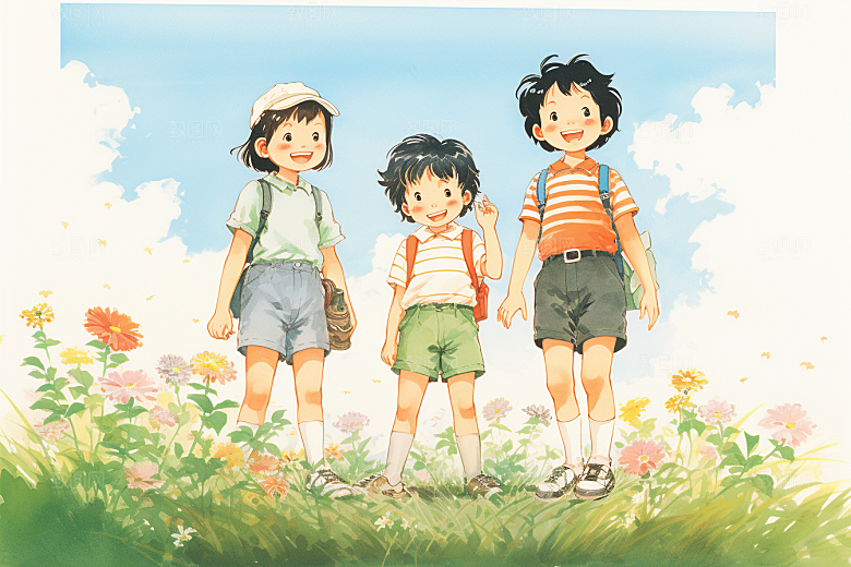 学生放暑假漫画风出游插画