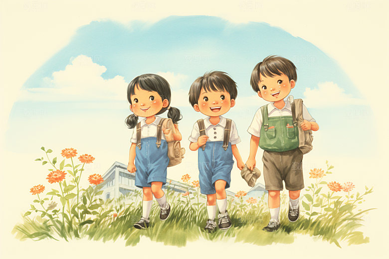 学生放暑假快乐旅游插画