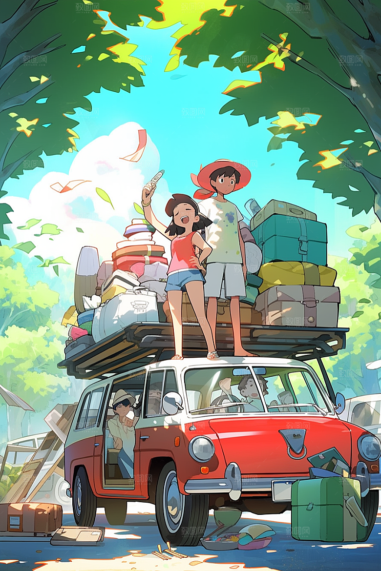 学生放暑假结业毕业旅游插画