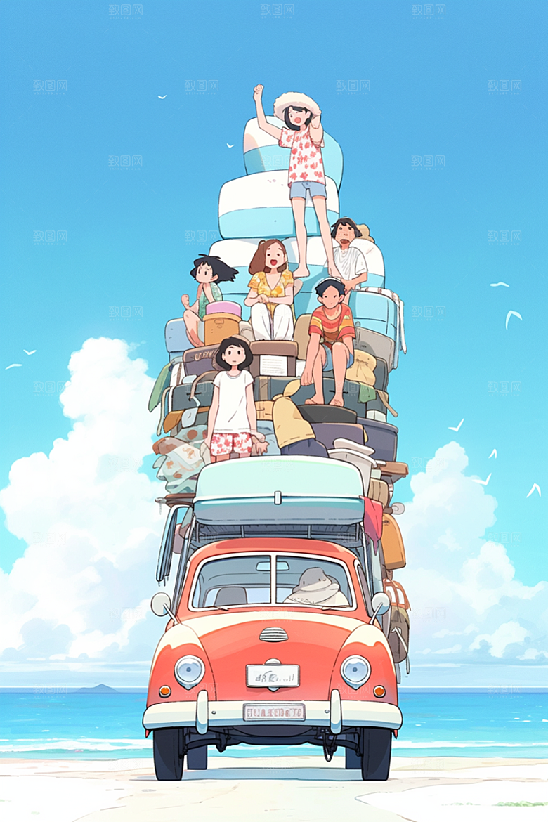 学生放暑假结业旅游插画