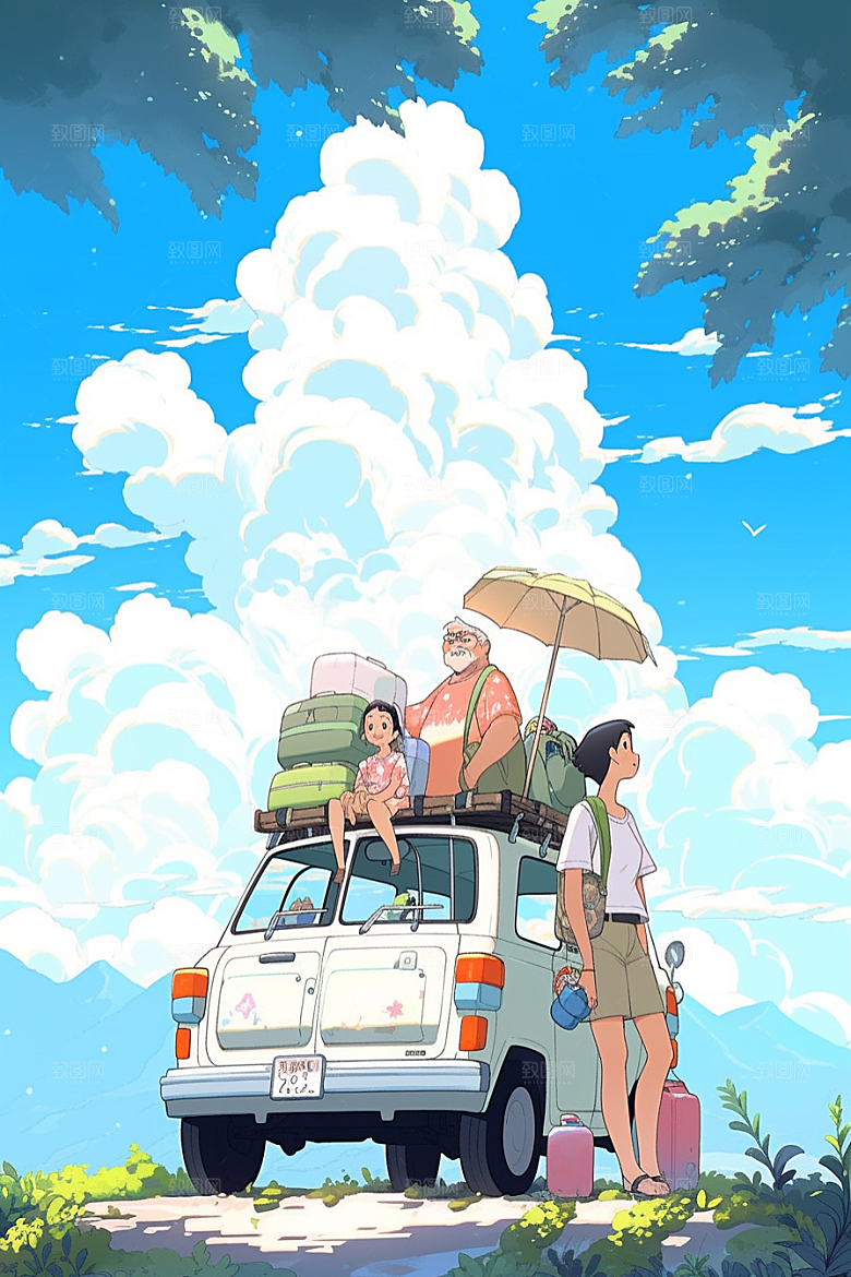 学生放暑假毕业旅游结业插画