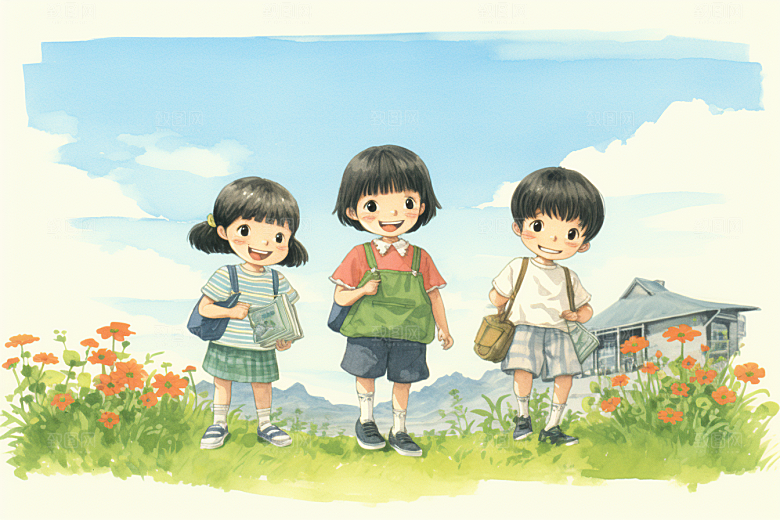 学生放暑假旅游漫画风插画