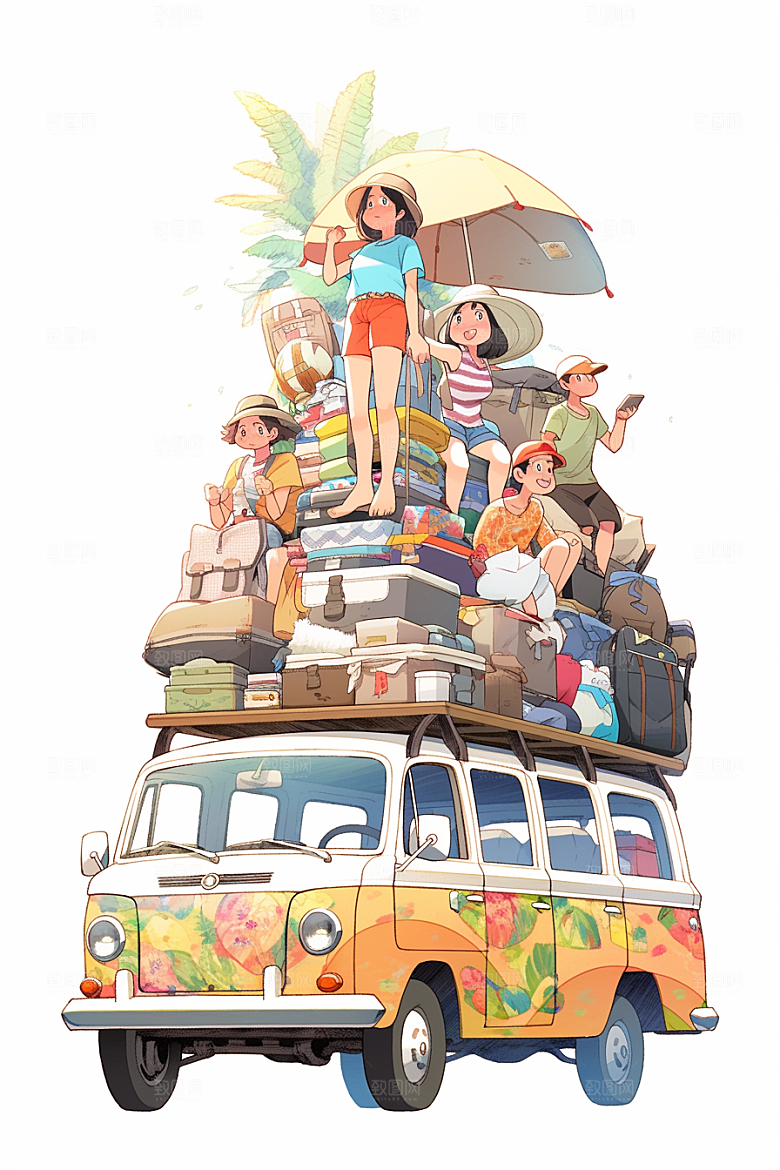 学生放暑假夏天结伴插画