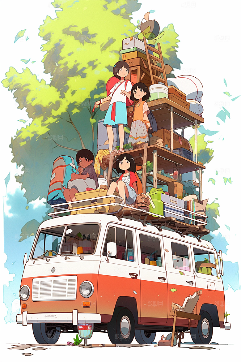 学生放暑假毕业旅游结业插画