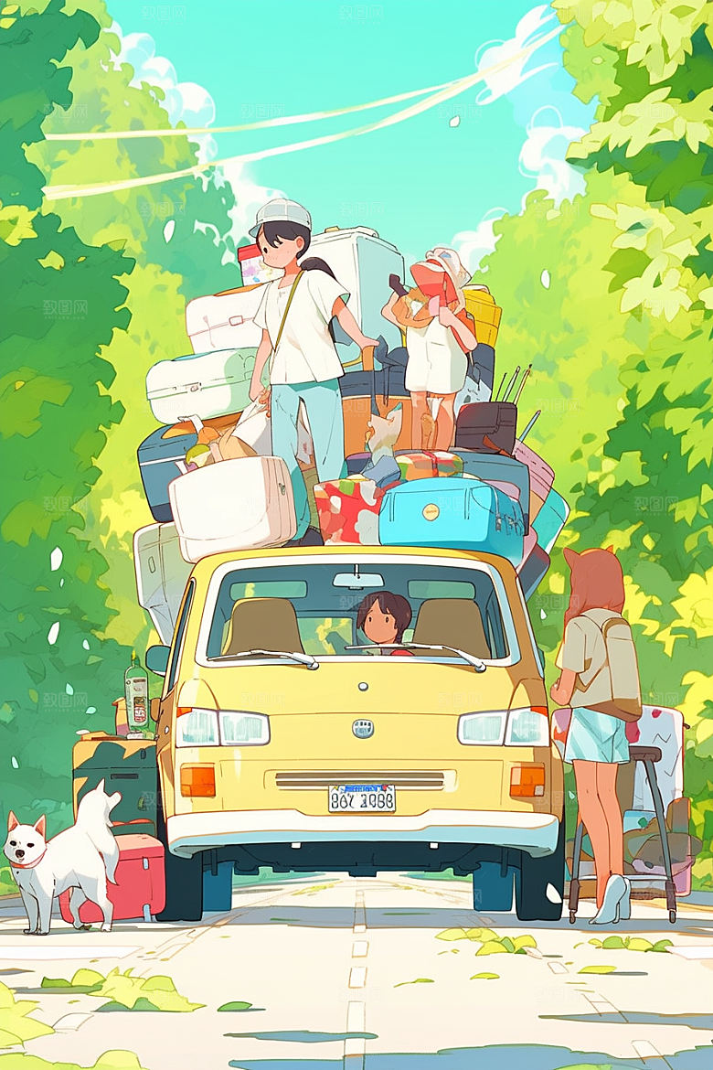 学生放暑假夏天毕业旅游插画