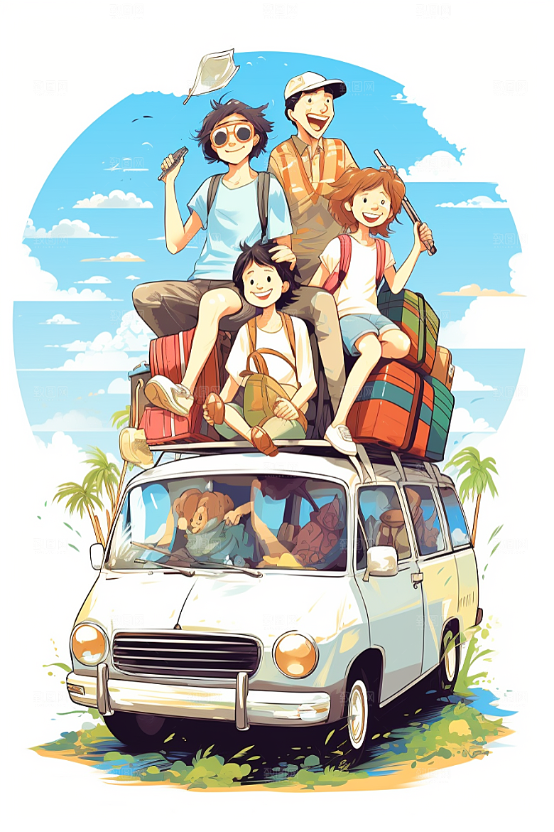 学生放暑假快乐旅游插画